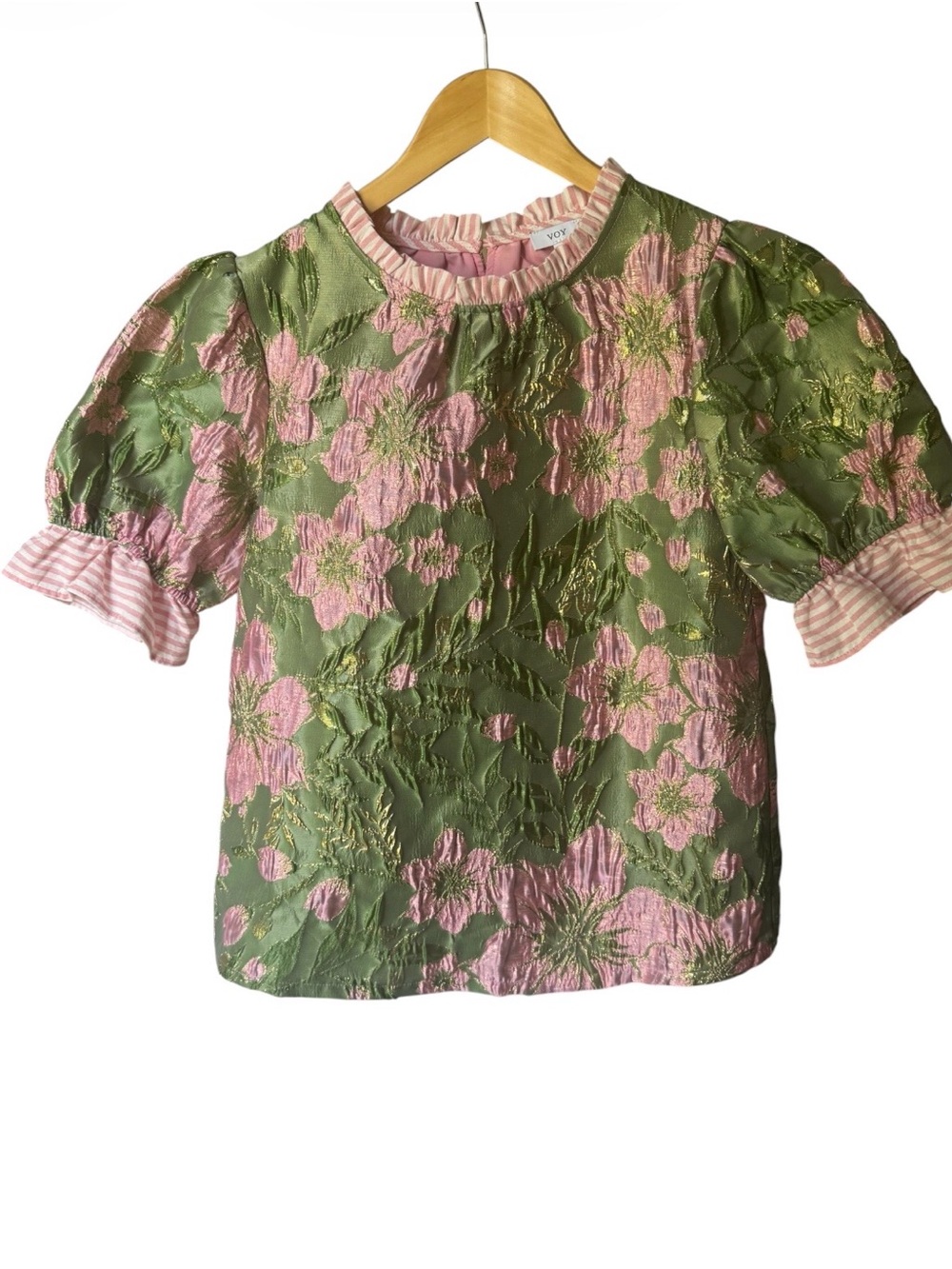 VOY Green and Pink Floral Jacquard Puff-Sleeve Blouse